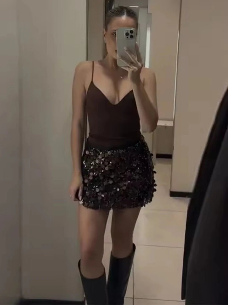 Christmas New Year's Eve Party Sequined Skirts Women's Sexy Hip Wrap Brown Sequin Mini Skirts Birthday Club Skinny Women Skirts