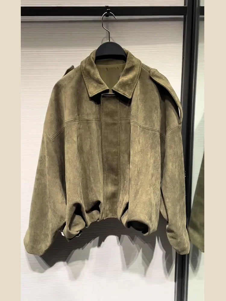Solid Color Lapel Long Sleeves Jacket Woman Waist Cinching Loose Straight Shorts Female Sets Baggy Casual Street Women's Suit