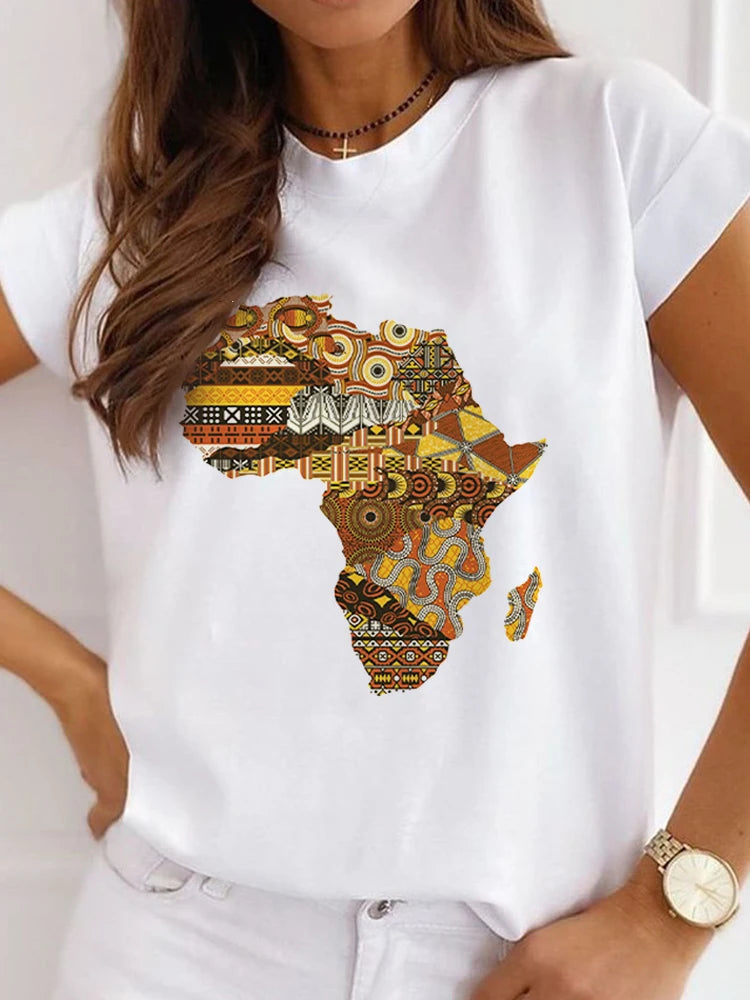 New African Funny Ladies Clothes Casual Short Sleeve Tshirt T Shirt O-neck Loose Summer White Tee Top Print Camisetas De Mujer
