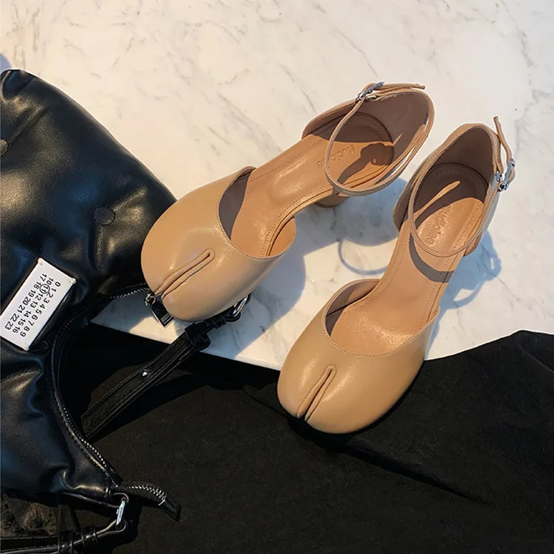 Brand Designer Tabi ninja high heels shoes woman ankle strap silver crack leather pumps split toe D'orsay mary janes shoes woman