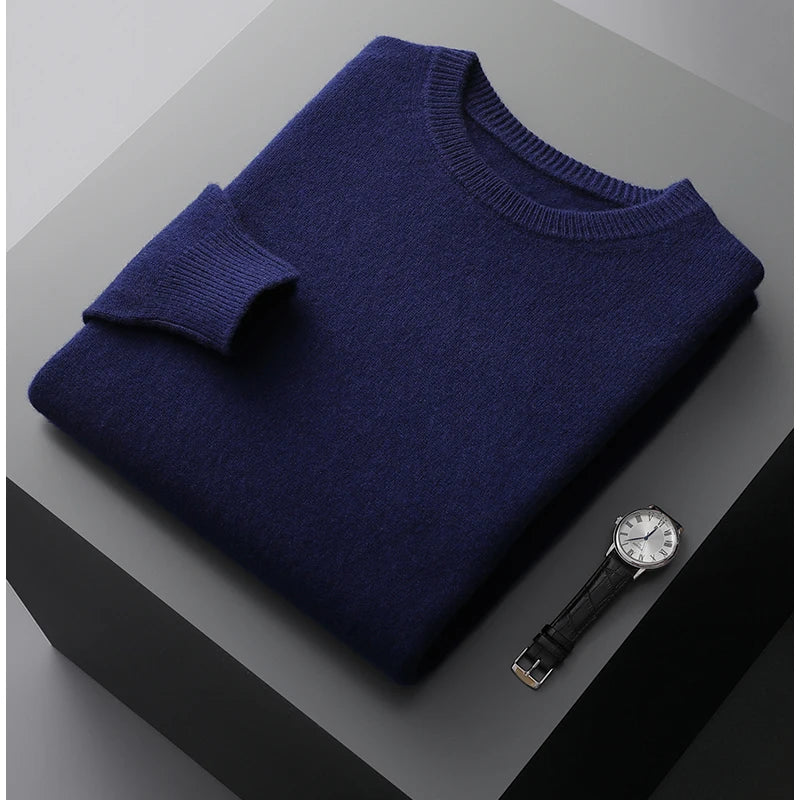 100% Merino Wool Sweater Men's O Neck Pullover Tops One-piece ready-to-wear Autumn Winter Solid Color Sweater Versatile Basic