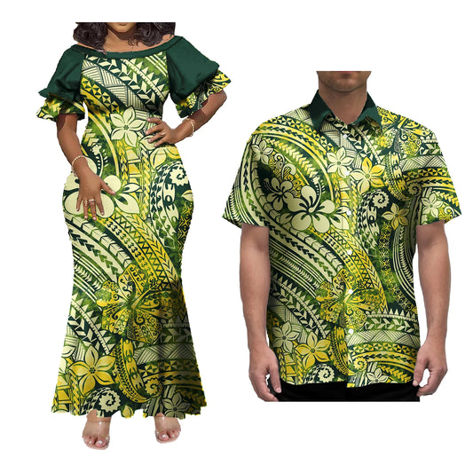 Mermaid Dress And Buttons Shirt Polynesian Couple 2 Pcs Set Plus Size Party Samoan Puletasi Matching Couple Outfits