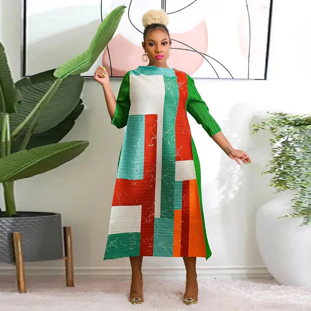 African Dresses for Women Summer Fashion Style African 3/4 Sleeve Polyester O-neck Pleated Dress Dashiki African Clothes Women