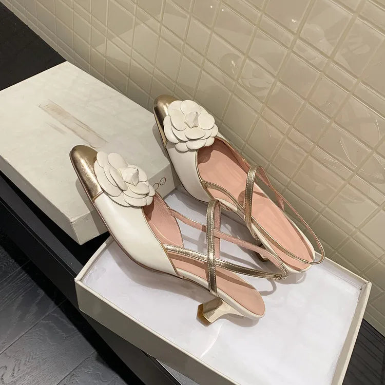 NEW Summer Women Sandals Split Leather Shoes for Women Round Toe High Heel Modern Sandals Flower Slingback Mixed Colors Shoes