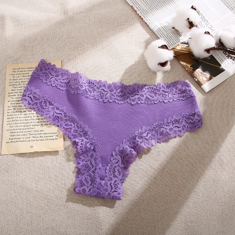 Lace Seamless Brazilian Panties Ribbed Cotton Low Waist Women's Panties Breathable Girls Underwear Plus Size Lingerie S-XL