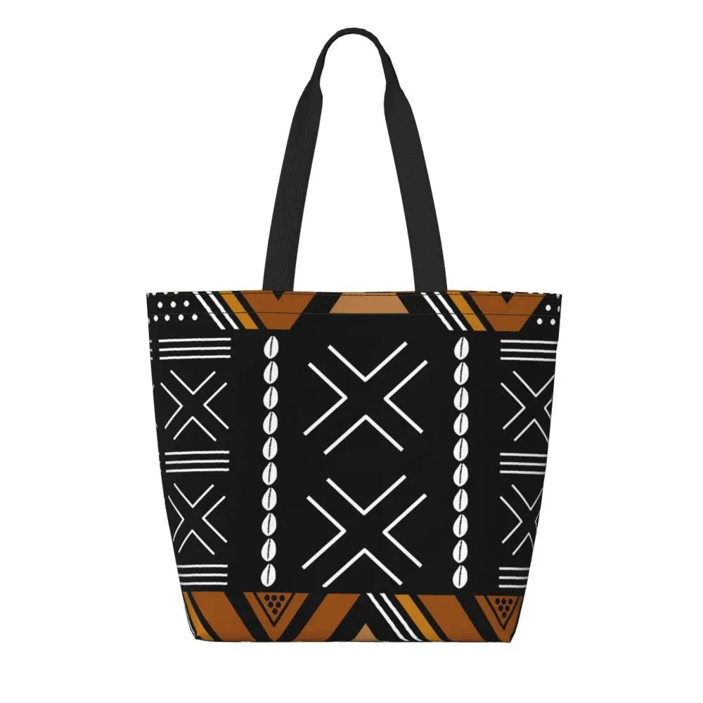 African Ankara Prints Grocery Shopping Tote Bags Women Geometric Ethnic Art Canvas Shoulder Shopper Bags Big Capacity Handbag