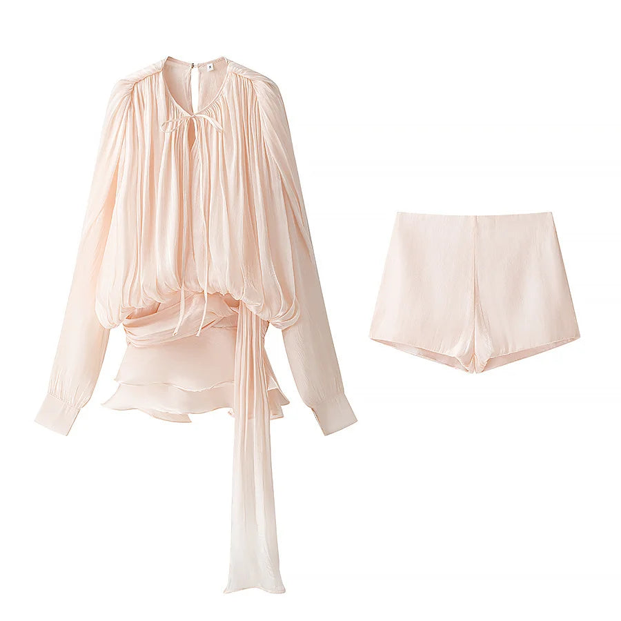Dress Set Sweet Women Top Elegant Lantern Yarn Dress Women Spring New Short Waist Cinched Irregular Ruffle Edge Tie 9D6O