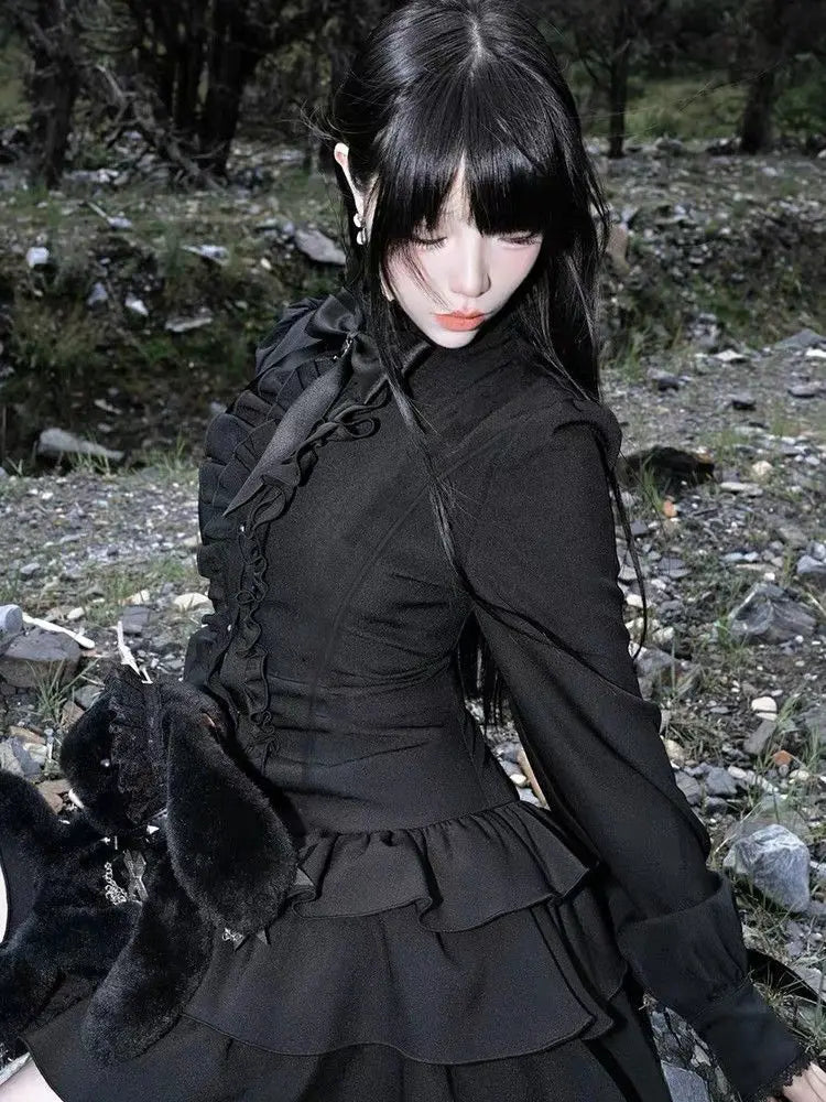 Gothic Vintage Lace Y2k Mini Dress Women Design Streetwear Black Lolita Slim Dress Long Sleeve Elegant Dress Spicy Girls