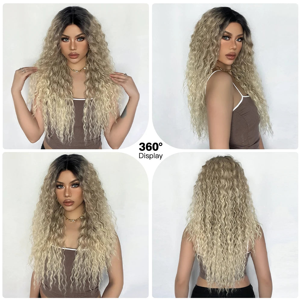 Long Afro Kinky Curly Lace Front Synthetic Wigs Brown Blonde Ombre Wig Dark Root Transparent Deep T Part Lace Wig for Women Use