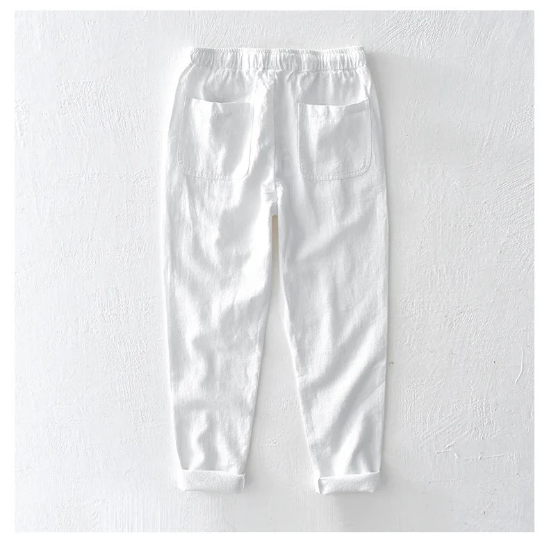 70% Linen,30% Cotton Men's Drawstring Elastic Waist Casual Pants, Straight Loose Ramie Trousers, Camping Fishing Comfortable