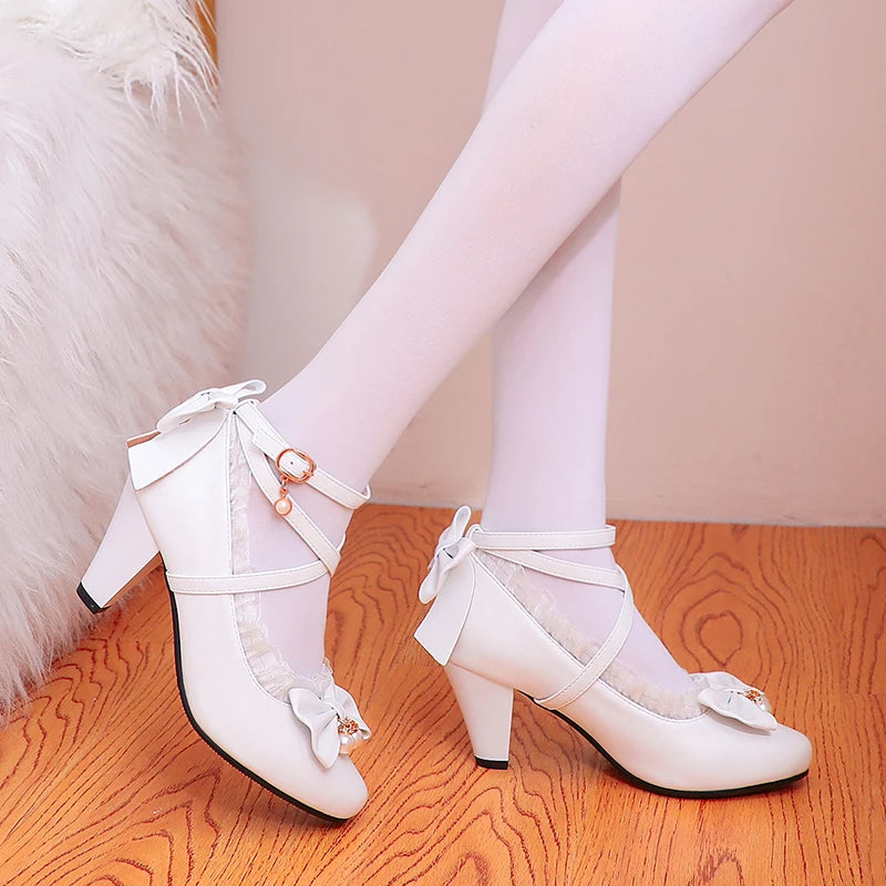 Cross Strap Women Spike High Heels Mary Jane Shoes Party Wedding Cosplay White Pink Lace Ruffles Bow Princess Lolita Pumps 34-43
