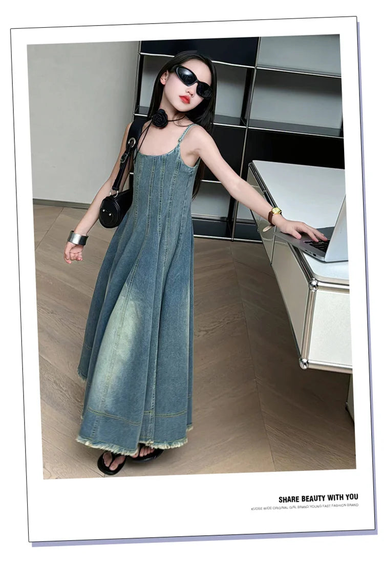 Kids Luxury Clothing Summer Denim Dress with Straps for Teenage Girls High Fashion Streetwear Outfit Children Casual Jeans Dress