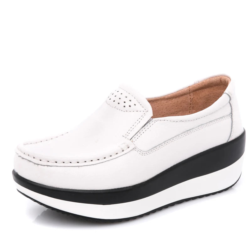Women's Spring Autumn Genuine Leather Loafers - Fall Slip-On Round Toe Navy Platform Casual Flat Shoes