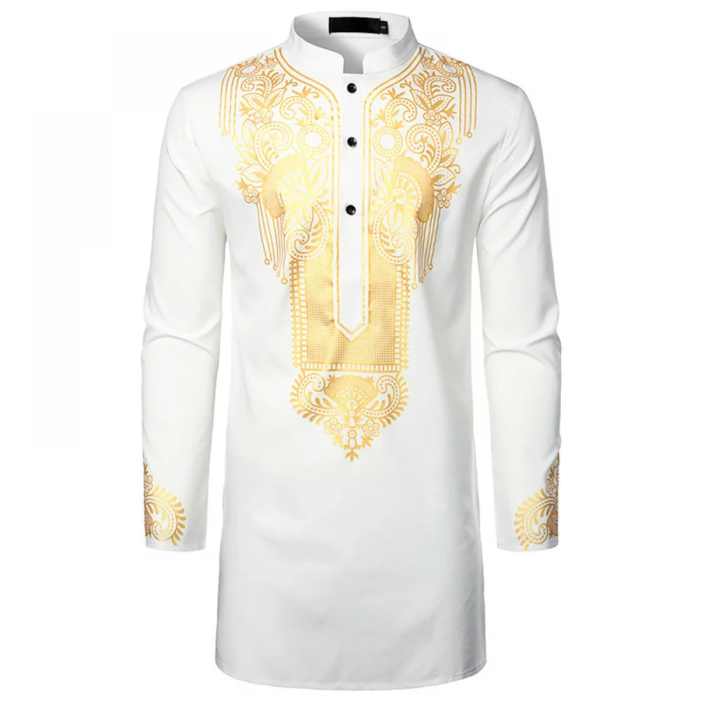 Men's Traditional African Shirt Print Golden Flowers Long Sleeve Shirt Ethnic Casual Outfits Wedding African Streetwear