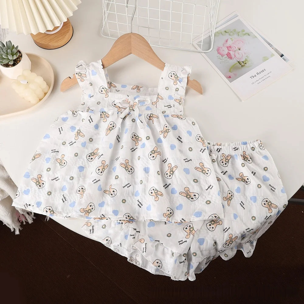 2026 Summer Girls Casual Clothes Set Strap Dress Top Floral Print Shorts Outfits Skin Friendly Playwear 2-8Y Kids Suits