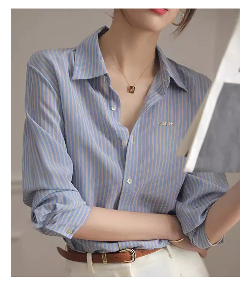 Long Sleeved Women's Shirt New Popular Classic High Grade Female Shirt Vintage Elegant Stripe Versatile Office Lady Fashion Tops