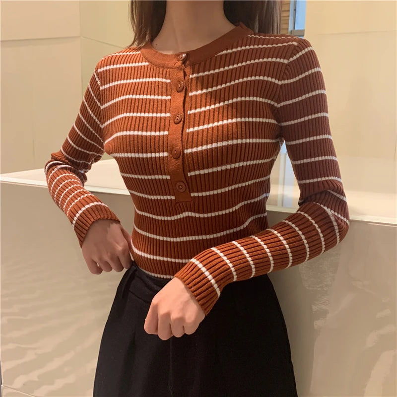 ITOOLIN Women Stripes O-neck Buttoned Up Sweaters Long Sleeve Knitted Sweater Slim Women Jumpers Tops Autumn Winter One Size