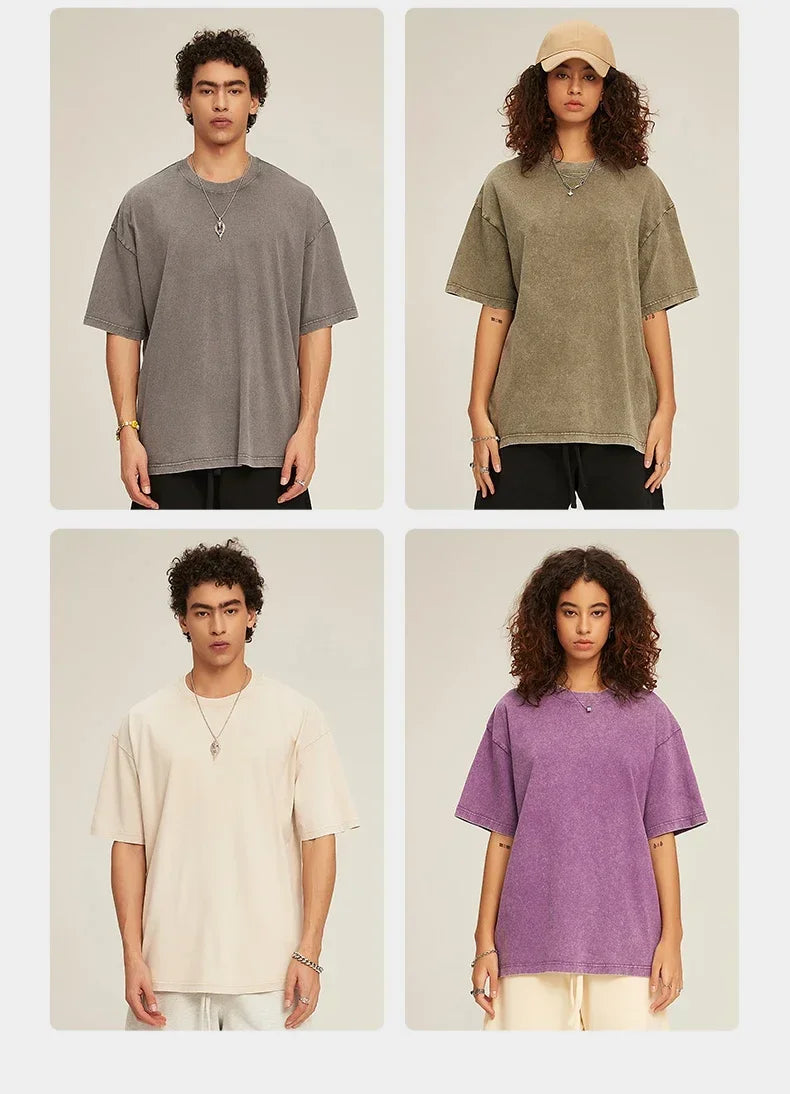 American Style Retro Heavyweight Solid Color Short Sleeved T-shirt Men Women Summer Street Trendy Washed Old Oversized Clothes