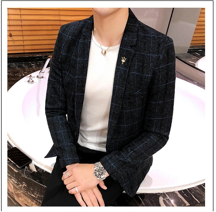 Spring and Autumn New Boutique Japanese Style Print Stand Collar Mens Casual Jacket Slim Male Coat Male Plaid Suit Jacket Blazer
