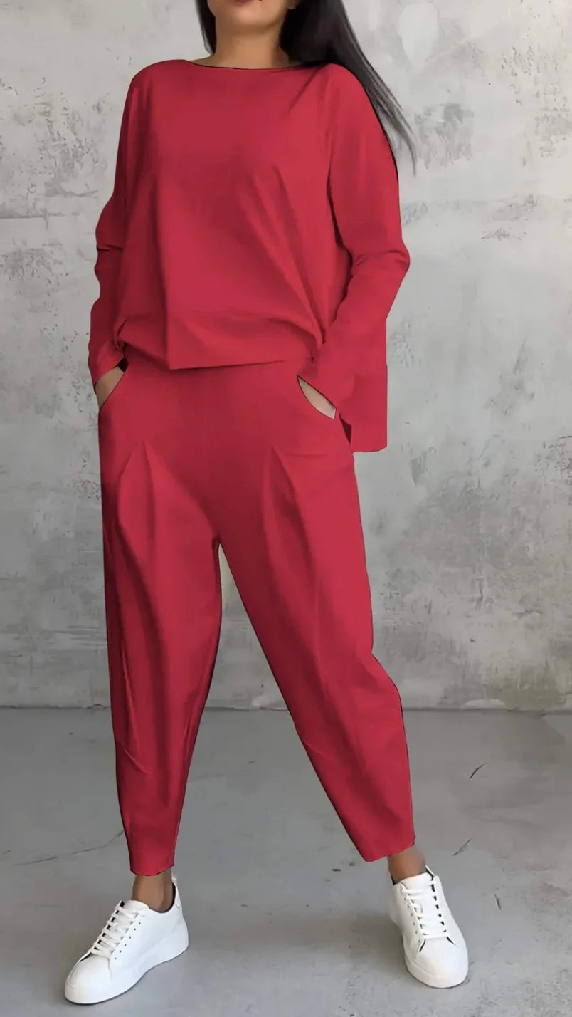 Tracksuits Women's Trousers Suit O-neck Long Sleeve Loose T-shirt Solid Color Trousers Pocket Simple 2-piece Set Loungewear