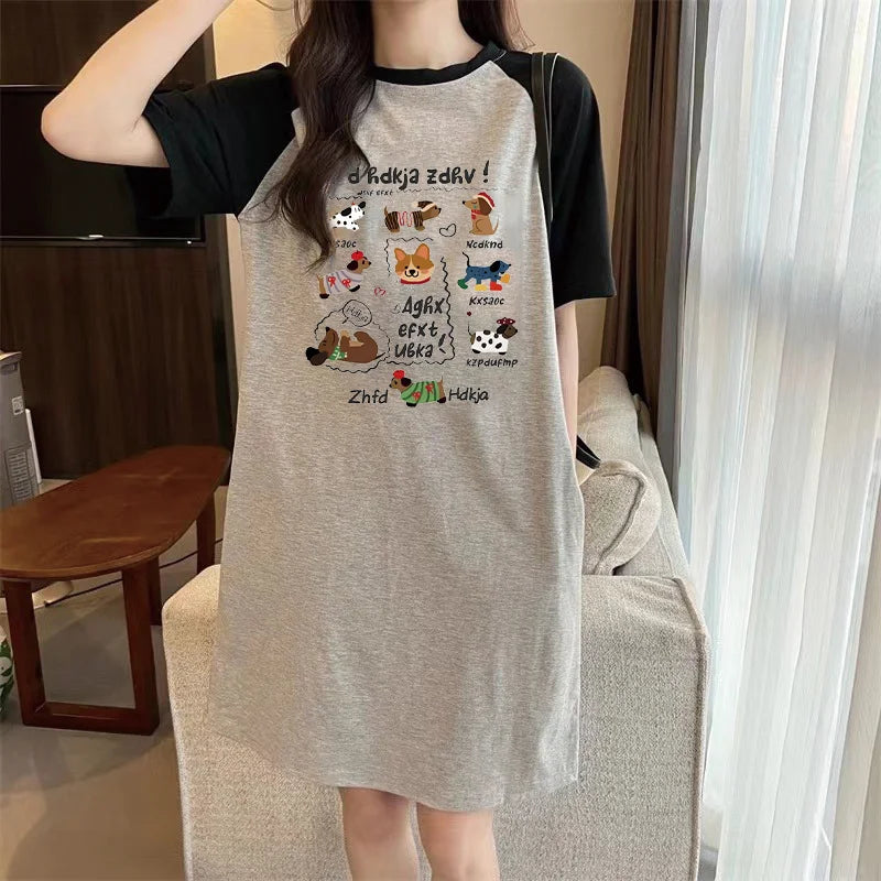 A Summer Japanese Popular Cartoon Cute Puppy Printed Loose Round-neck Short-sleeved Dress for Women