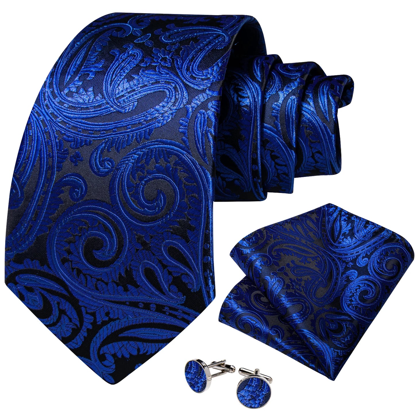 Royal Blue Paisley Plaid Striped Men tie Set with Handkerchief Cufflinks Wedding Prom Groom Accessories Perfect Gift for Men BAZAARHUBO