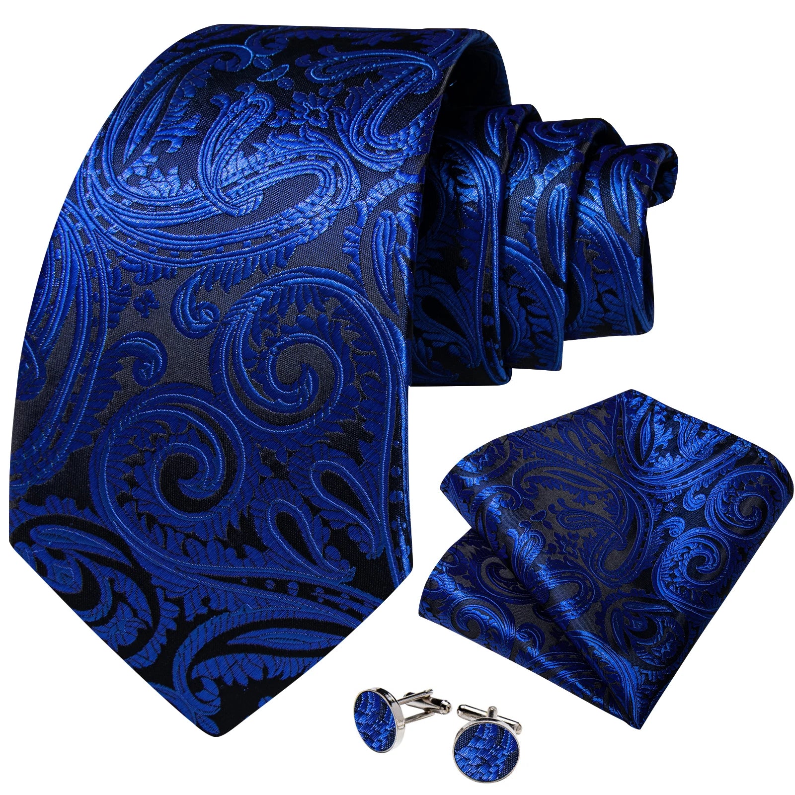 Royal Blue Paisley Plaid Striped Men tie Set with Handkerchief Cufflinks Wedding Prom Groom Accessories Perfect Gift for Men BAZAARHUBO