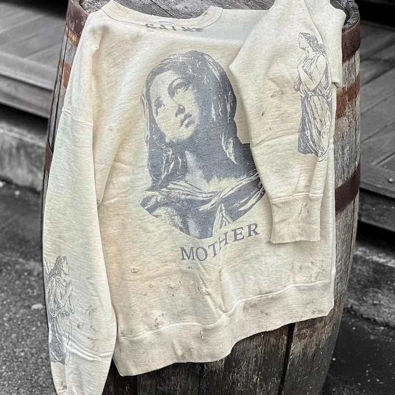 Real Photo Portrait Graffiti Print Saint Hoodie Wash Do Old Destroy Loose Pullover Casual Women Men Sweatshirt
