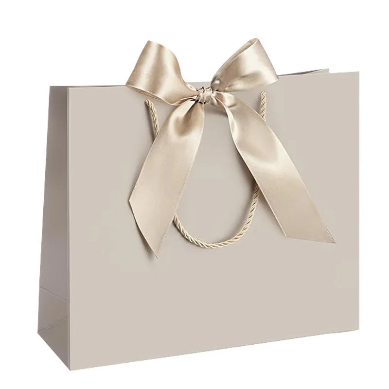 10pcs (5 Bags + 5 Ribbons) Elegant Beige Thank You Gift Bags, Paper Gift Bags, Shopping Bags with Golden Bows - Foldable