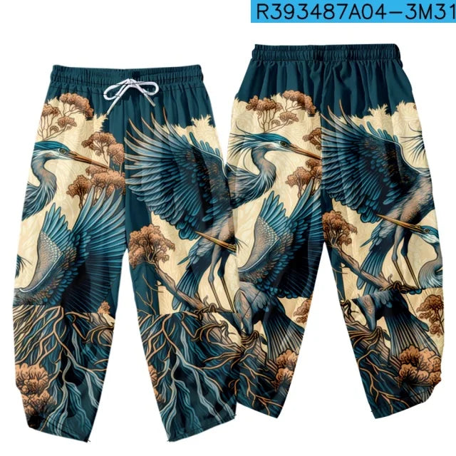 Men Yukata Style Harajuku Cardigan Traditional Japanese Great Wave of Kanagawa Crane Printed Trousers Asian Costume Kimono Pants
