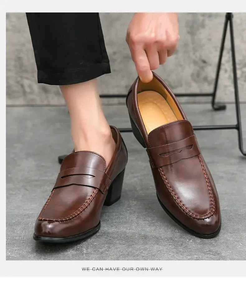 Men Retro Dress Shoes Black Brown Medium High Heels European and American Business Banquet Cuban Leather Shoes Size 38-45