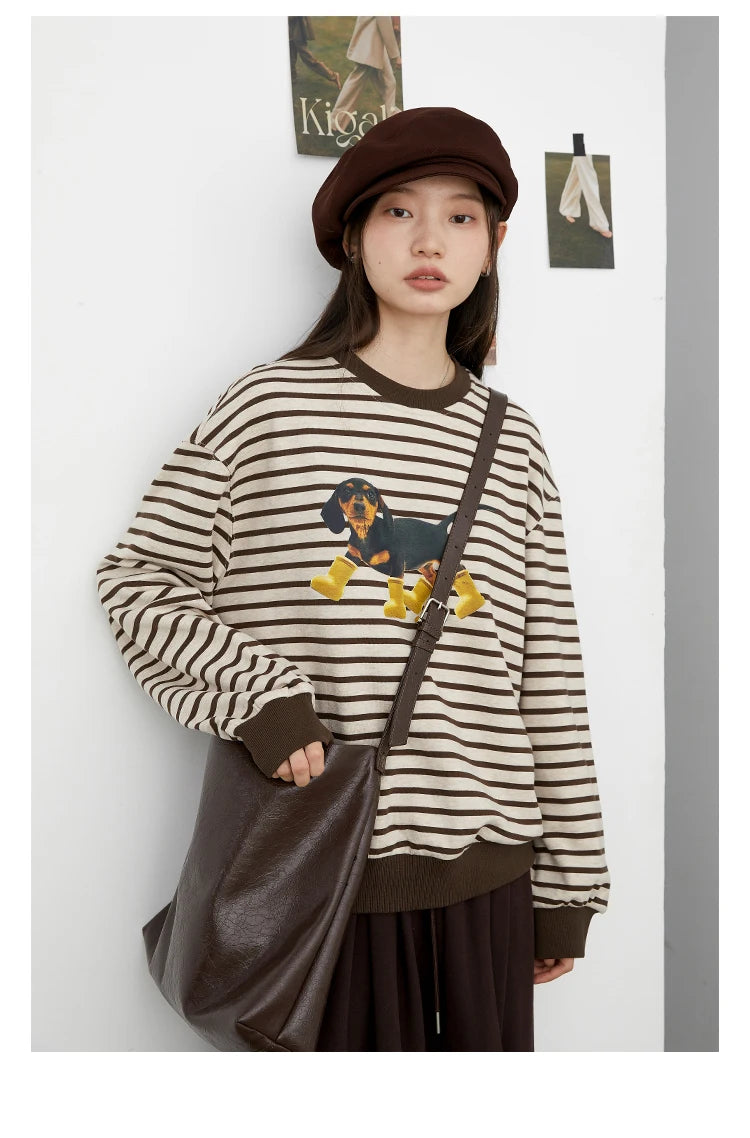 CHIC VEN New Women T-Shirts Loose Casual Round Neck Striped Dog Print Long Sleeved Female Tees Pullover Autumn Winter 2025