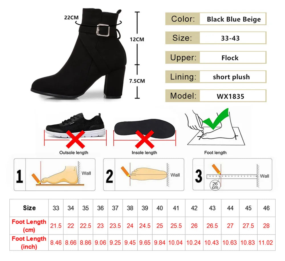 Women High Heels Ankle Boots 2025 Round Toe Elegant Short Booties Ladies Ankle Boots Buckle Decoration Black Blue Autumn Winter
