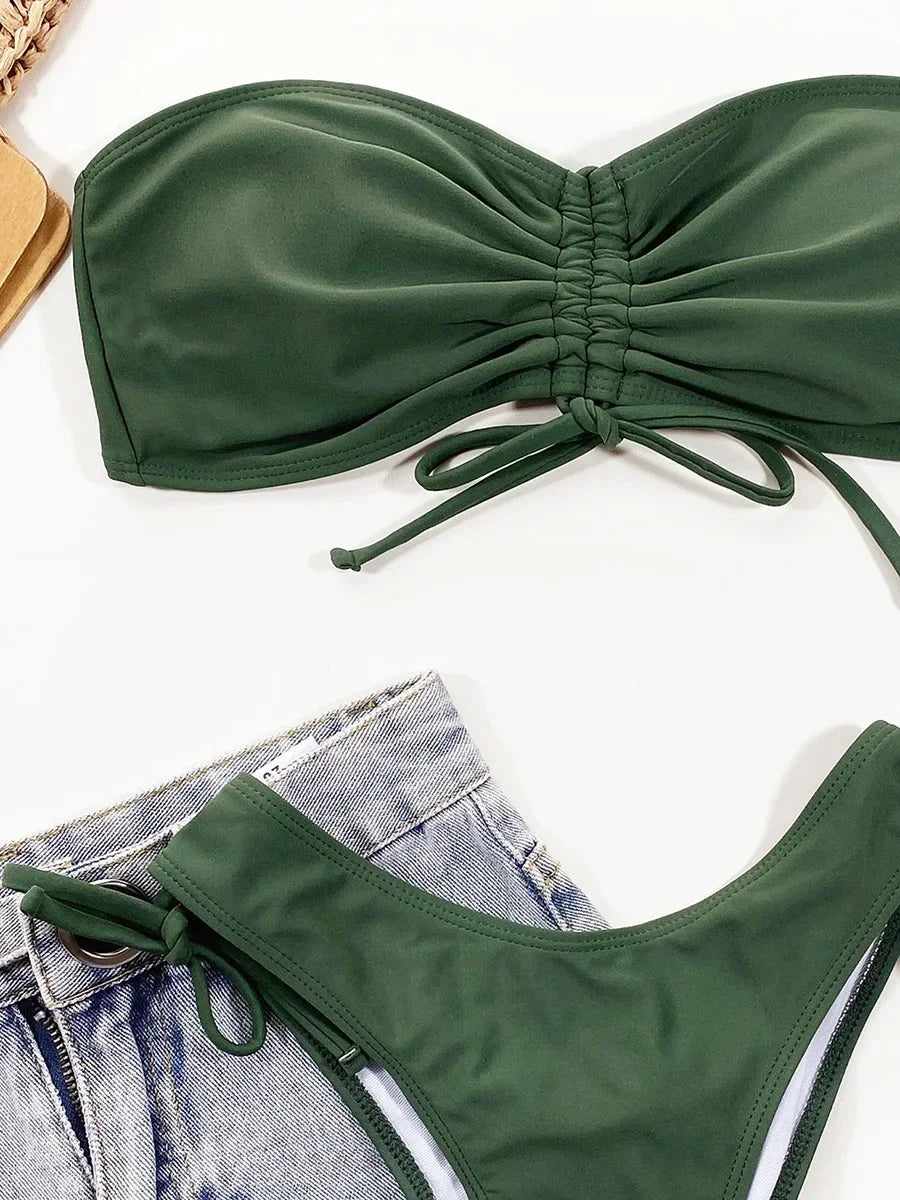 Sexy Lace Up Scrunch Butt Bandeau Bikini Female Swimsuit Women Swimwear Two-pieces Bikini Set Brazilian Bather Bathing Suit Swim
