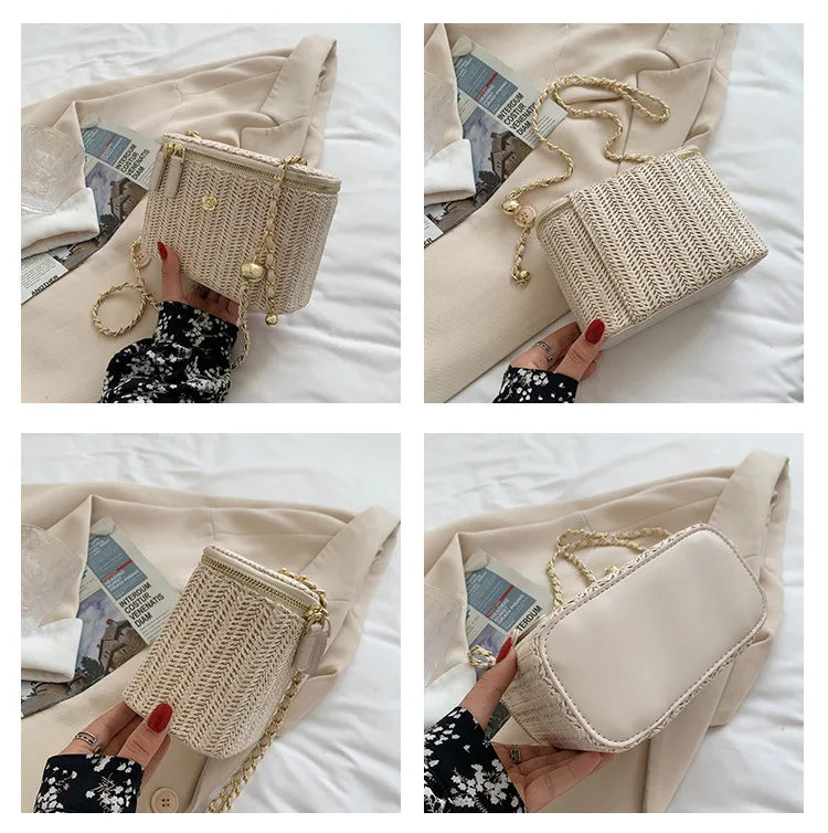 2023 Mini Straw Bucket Crossbody bag For Women Summer Weave Women's Brand Handbags And Purses Fashion Chain Simple Shoulder Bags