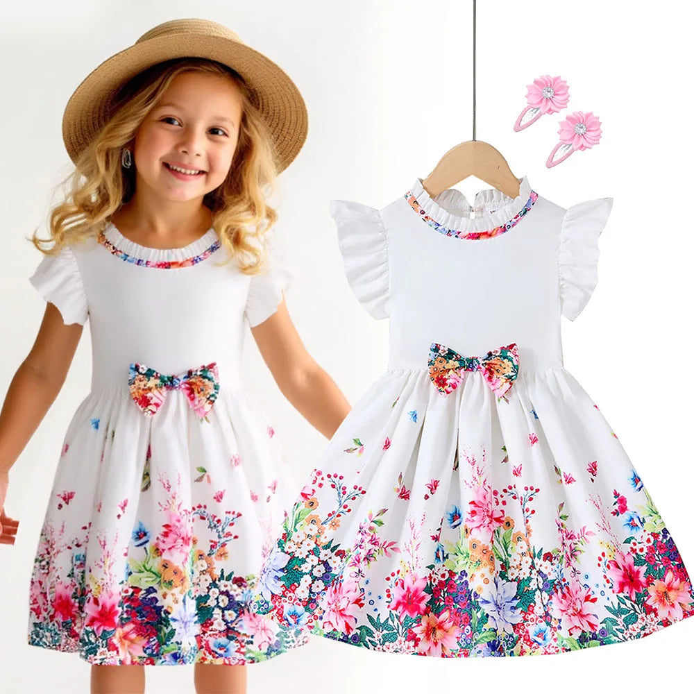 New Kids Girl Dress Summer Floral with Bow Fashion White Vestidos Short Sleeve Children Clothing Outfits Casual Daily Dresses