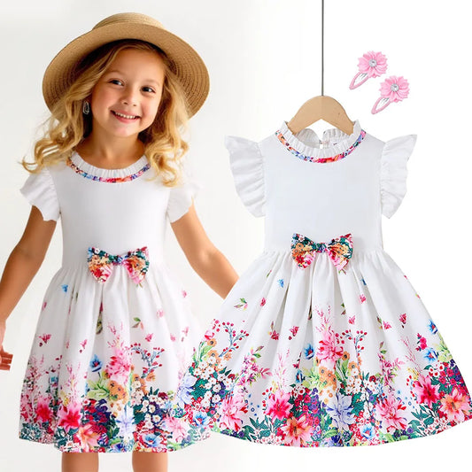 New Kids Girl Dress Summer Floral with Bow Fashion White Vestidos Short Sleeve Children Clothing Outfits Casual Daily Dresses