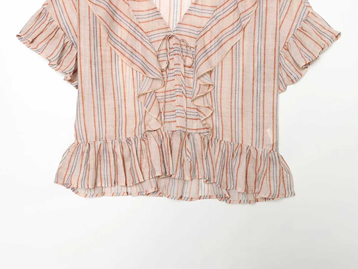 KONDALA Casual Striped Summer Woman Suits Lace-up V-Neck Shirt+ Drawstring Lace Shorts Fashion 2026 Female Elegant Tiered Sets