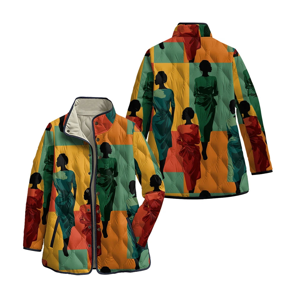 Women's African Art Jackets with Female Profile Florals Pattern Coats Multi-Color Silhouette Patterns Artistic Winter Outerwear