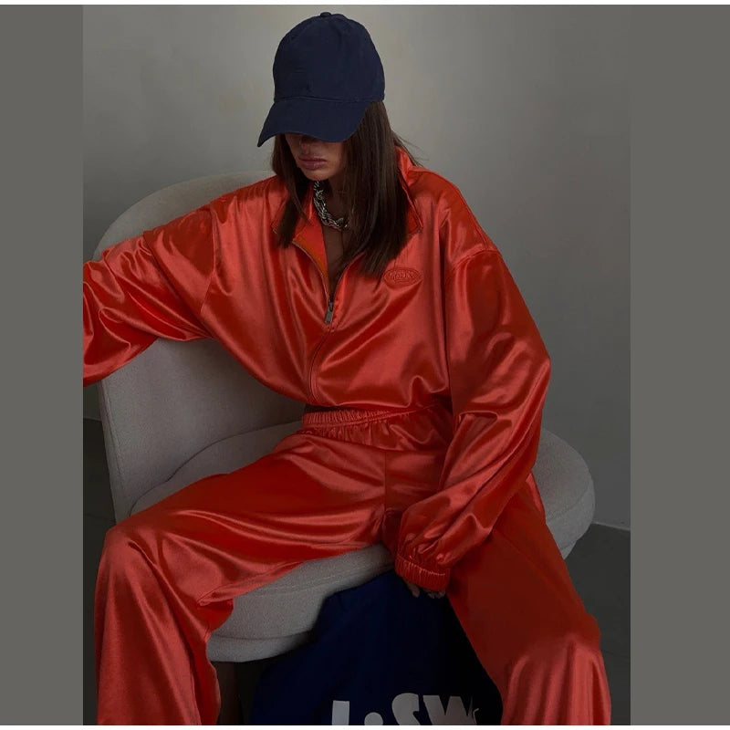2026 Spring Satin Embroidered Zip-Up Jacket Wide Leg Pants Set Oversized Slouchy Women 2 Pcs Outfit Cool Lady Co-ord Streetwear