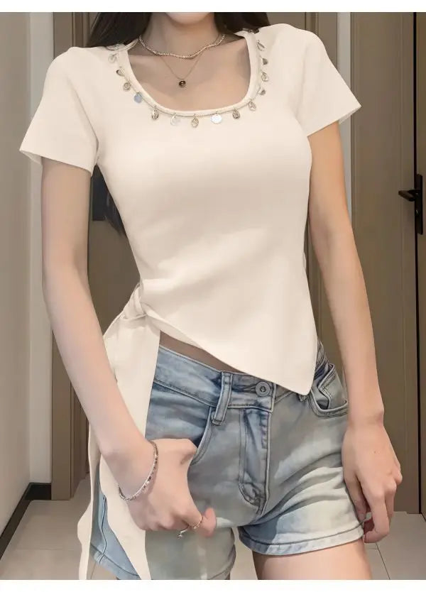 Short-sleeved Women's Top Bestseller 2025 New French Stylish Design Slimming and Flattering, Popular Online Clothing