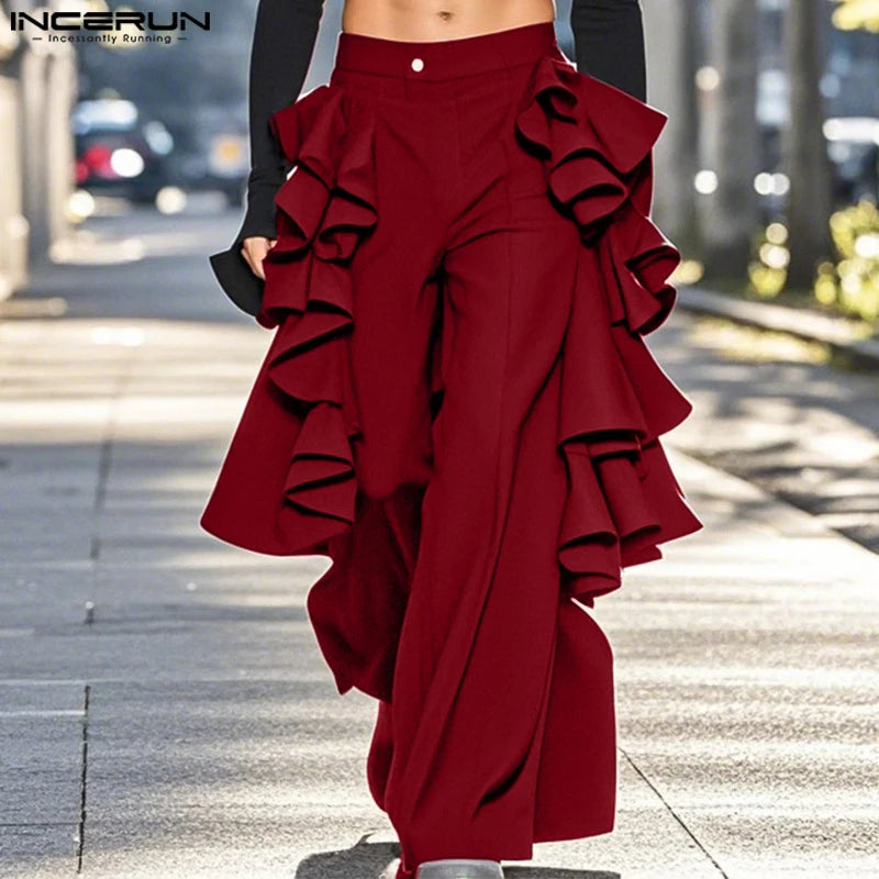 INCERUN 2025 American Style Trousers Fashion New Men Double-layer Flounce Pants Male Casual Solid Color Wide Leg Pantalons S-5XL