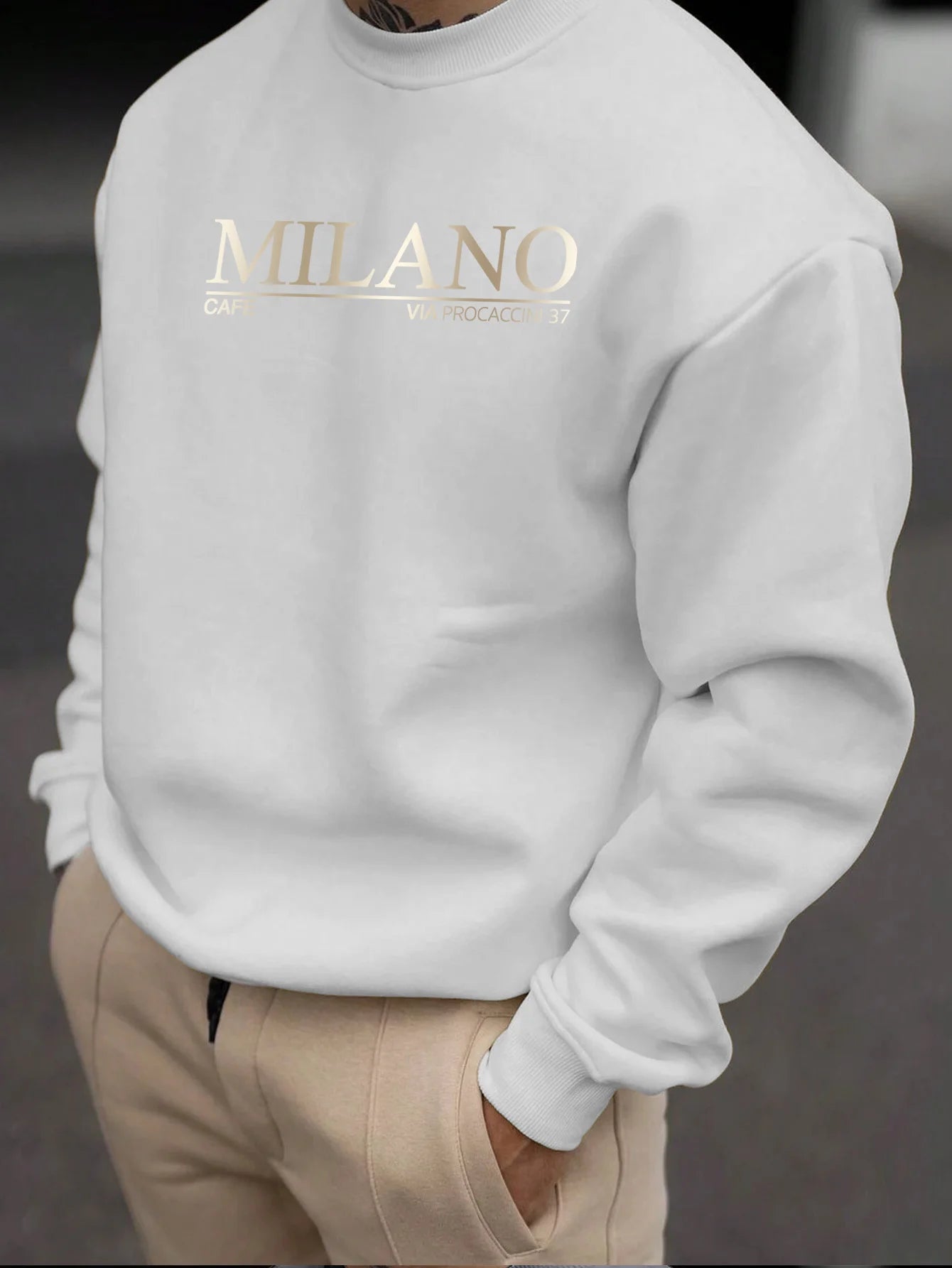 Men's autumn and winter casual loose and fashionable MILANO pattern printed long sleeved round neck sweatshirt versatile BAZAARHUBO