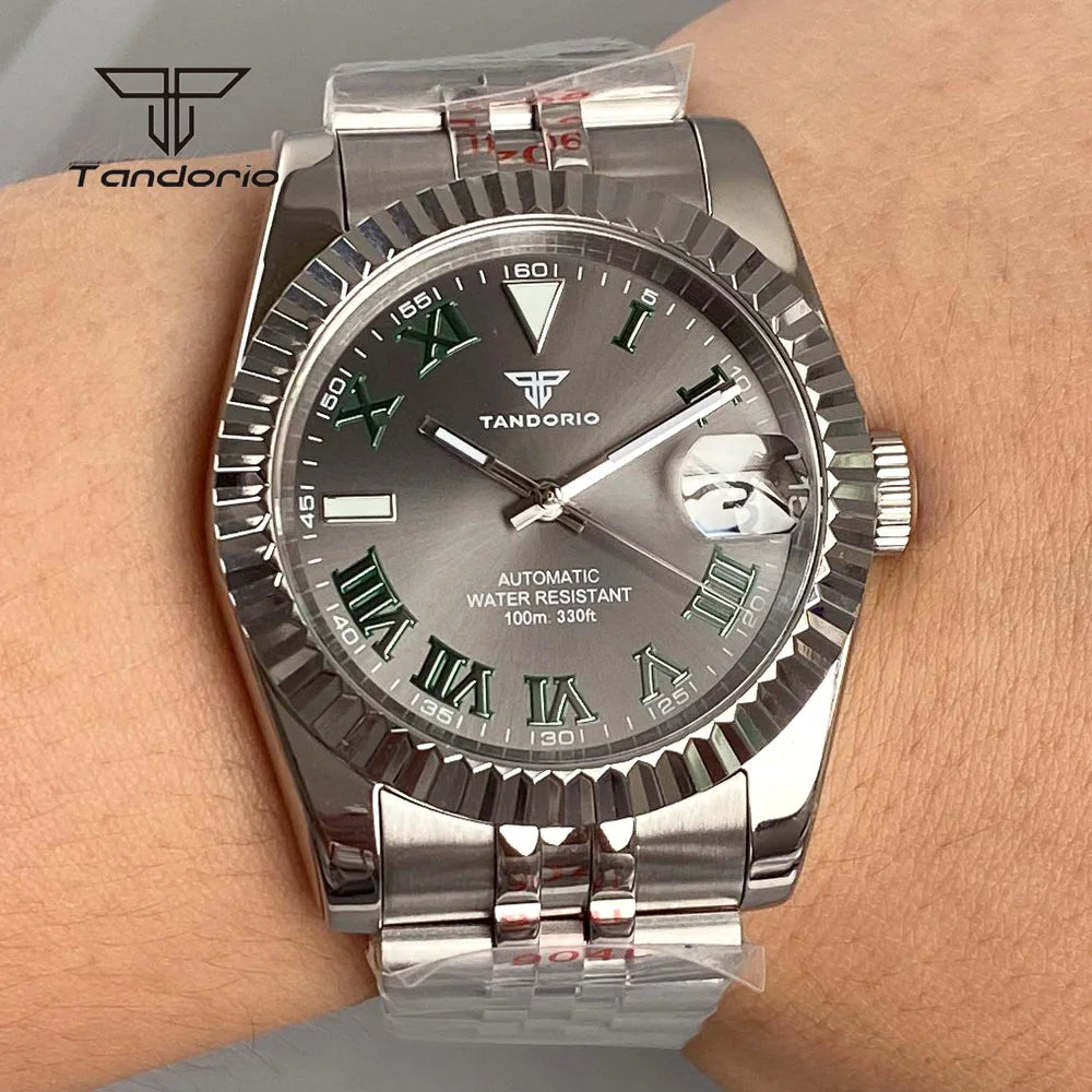 Tandorio Stainless Steel Automatic NH35 36mm/39mm Men's Watch Grey Sunburst Sapphire Roman Marks Mechanical Watches Date Lume