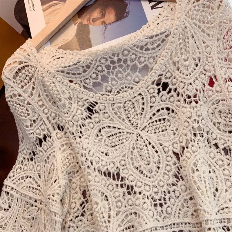 2024 Summr New Versatile Retro Sweet Lace Cut-out Crochet Shawl Cropped Top Summer Three Quarter-sleeve Hollow Out Top