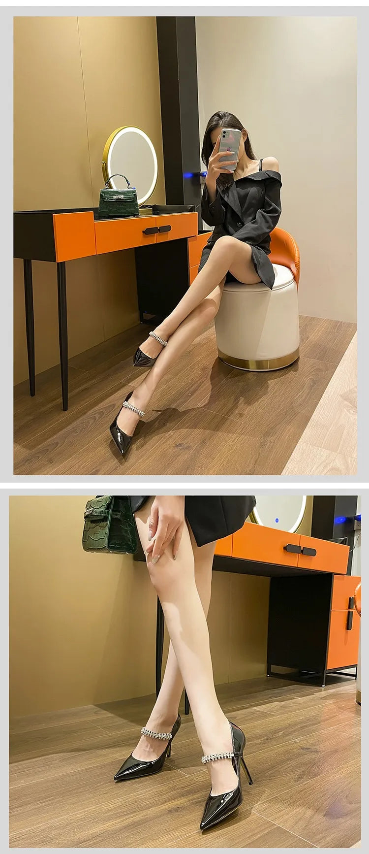 Spring 2025 New French Rhinestone Pointed White High Heels Temperament Patent Leather Shoes Women Wedding Pumps