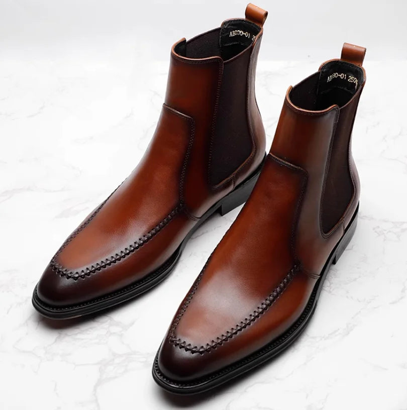 New men's Chelsea boots, youth British pointed leather shoes, vintage sleeve cowhide men's short boots.