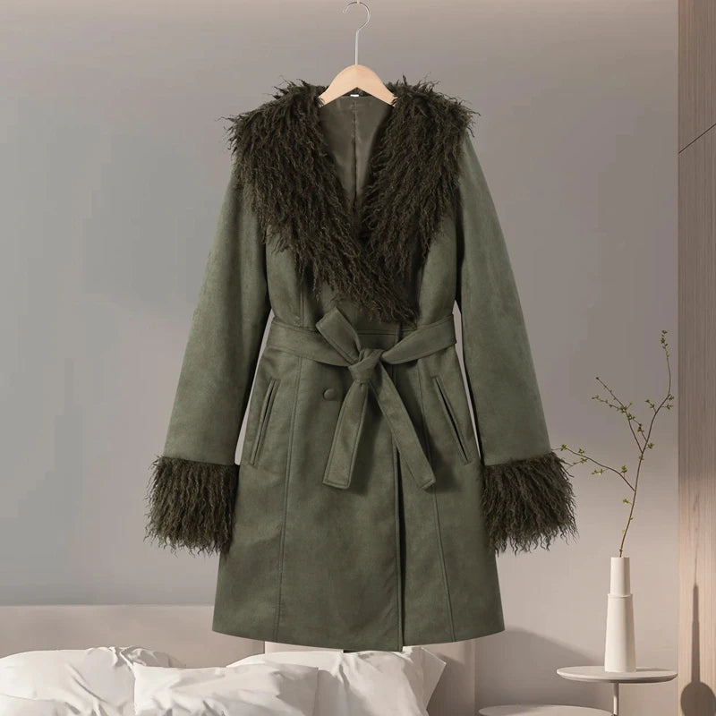 Vintage Patchwork Women's Faux Fur Trim Coat Urban Lapel Full Sleeve Female Jacket Female 2026 Autumn Winter Lady Streetwear New