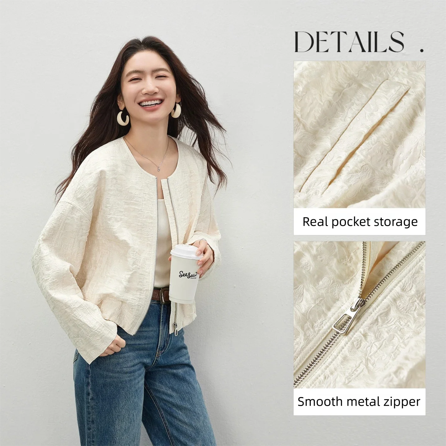 SENTUBILA Women's Loose Cropped Jacket 2026 Spring New Minimalist Round Neck 3D Embossed Jacquard Textured Zipper Coat 161WB6323