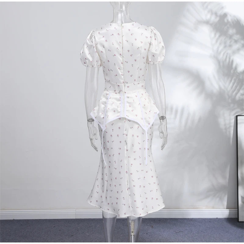 Women's White Floral Print Puff Sleeve Dress With Waistband Fashion Satin Ruffled Hem Maxi Dress Lady 2026 Elegant Party Robes